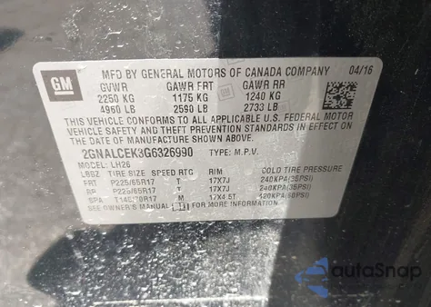 2016 Chevrolet Equinox Lt from USA, damaged, VIN 2GNALCEK3G6326990